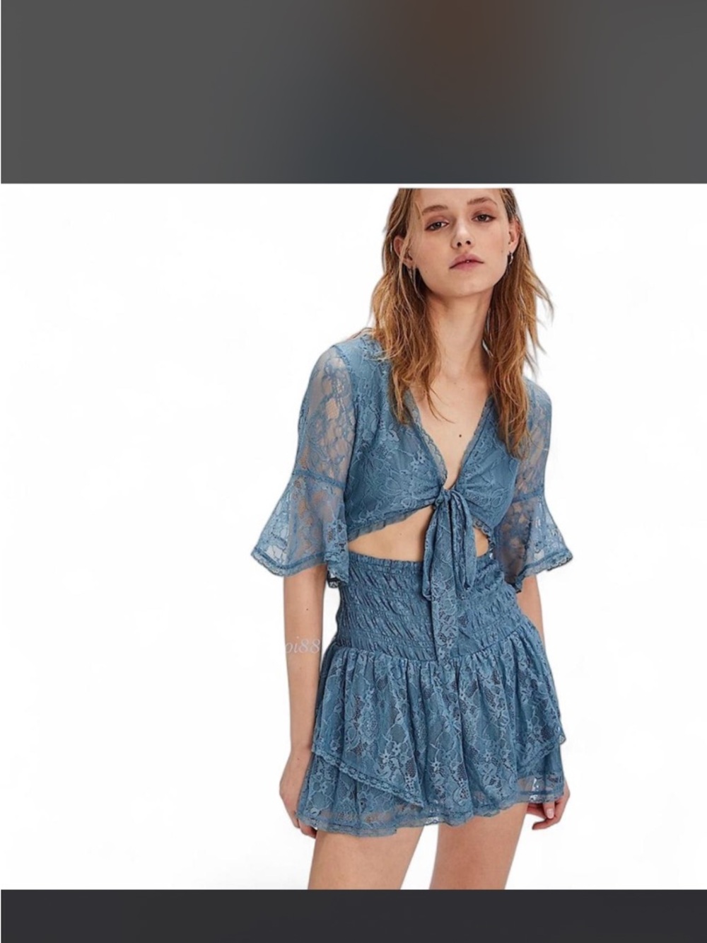 Free People Dusty Blue Lace Tie-Front Crop Top